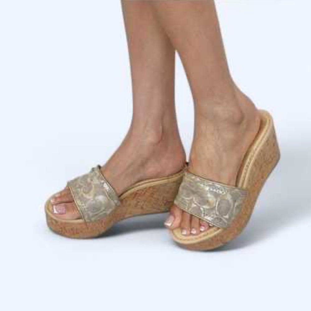Coach Signature Gold Metallic‎ Cork Wedge Slides – Women’s size 9.5B